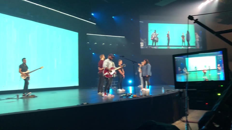 CCV Service Recording (2020) — Jib. The worship band mid-set, the Jib arm and its on-board monitor in frame at the right, the LED walls behind the stage.